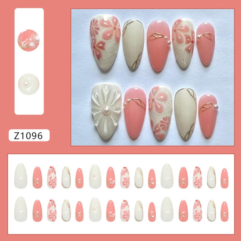 CJDLTS Flower Medium Almond Shaped 3D Pink Floral with Pearl Glossy Design Stick on Nails Glue on Full Cover Reusable Coffin Press on Nails Artificial Acrylic Fingernails for Women Manicure 30Pcs - Image 3